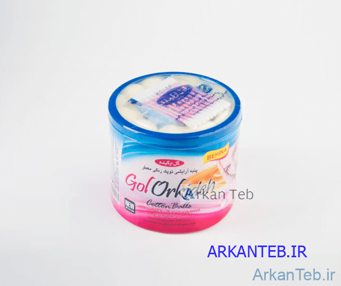 تصویر پنبه توپک قوطی دو نوع رنگی معطر و سفید به همراه گوش پاک کن اشانتیون ( گل ارکیده )