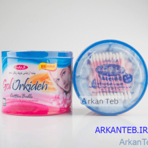 تصویر پنبه توپک قوطی دو نوع رنگی معطر و سفید به همراه گوش پاک کن اشانتیون ( گل ارکیده )